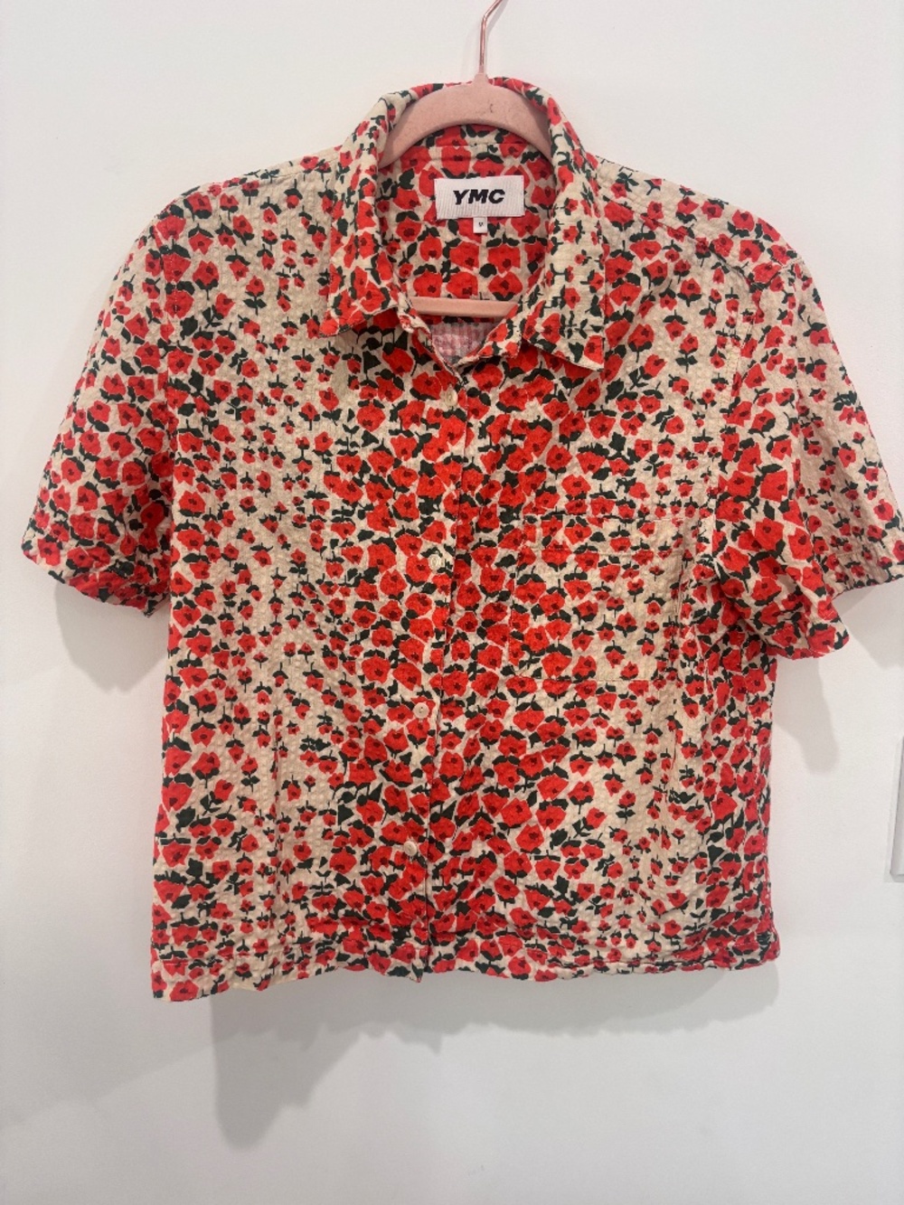 YMC Malick Floral Seersucker Shirt Red Black Vacation Shirt Men’s M